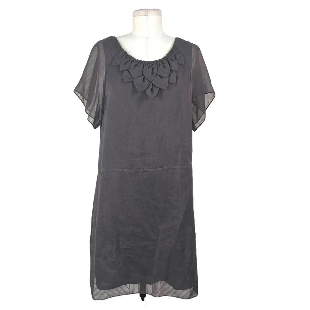 3.1 Phillip Lim Shift Dress Short Sleeve 3D Flower Neckline Brown Size US 10